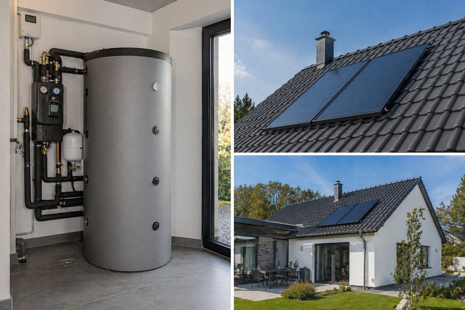 Système solaire combiné · ballon tampon et capteurs thermiques sur toit